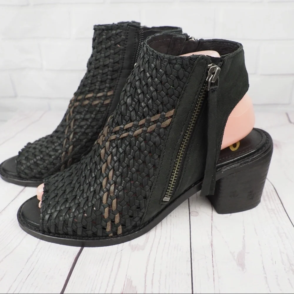 Sam Edelman Cooper 7 black woven leather peeptoe booties